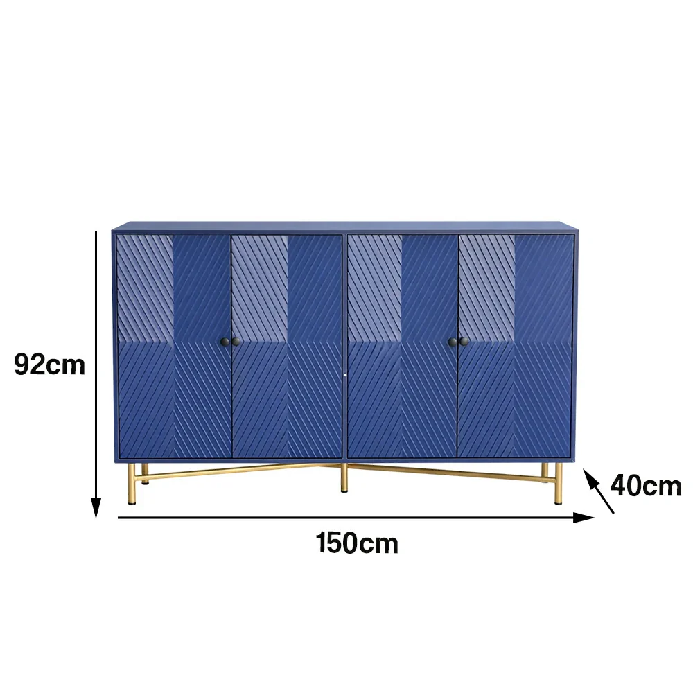 LIVARA Modern Four-Door Sideboard Cabinet - Wave Textured Storage - Durable MDF Construction - Matte Finish with Metallic Sphere Legs - Blue - Image 5