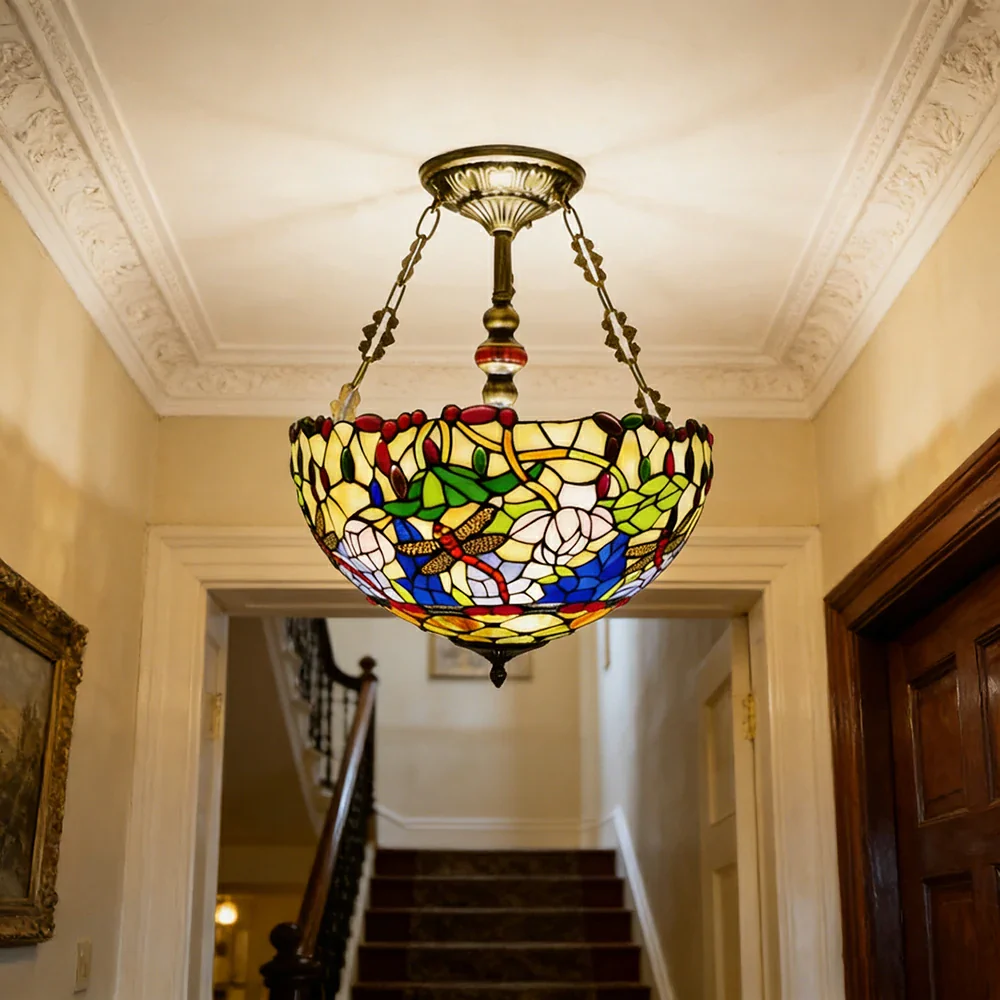 LIVARA European Vintage Stained Glass Chandelier Handcrafted Multi-Light Design 46cm Bedroom Dining Hallway Staircase - Image 4