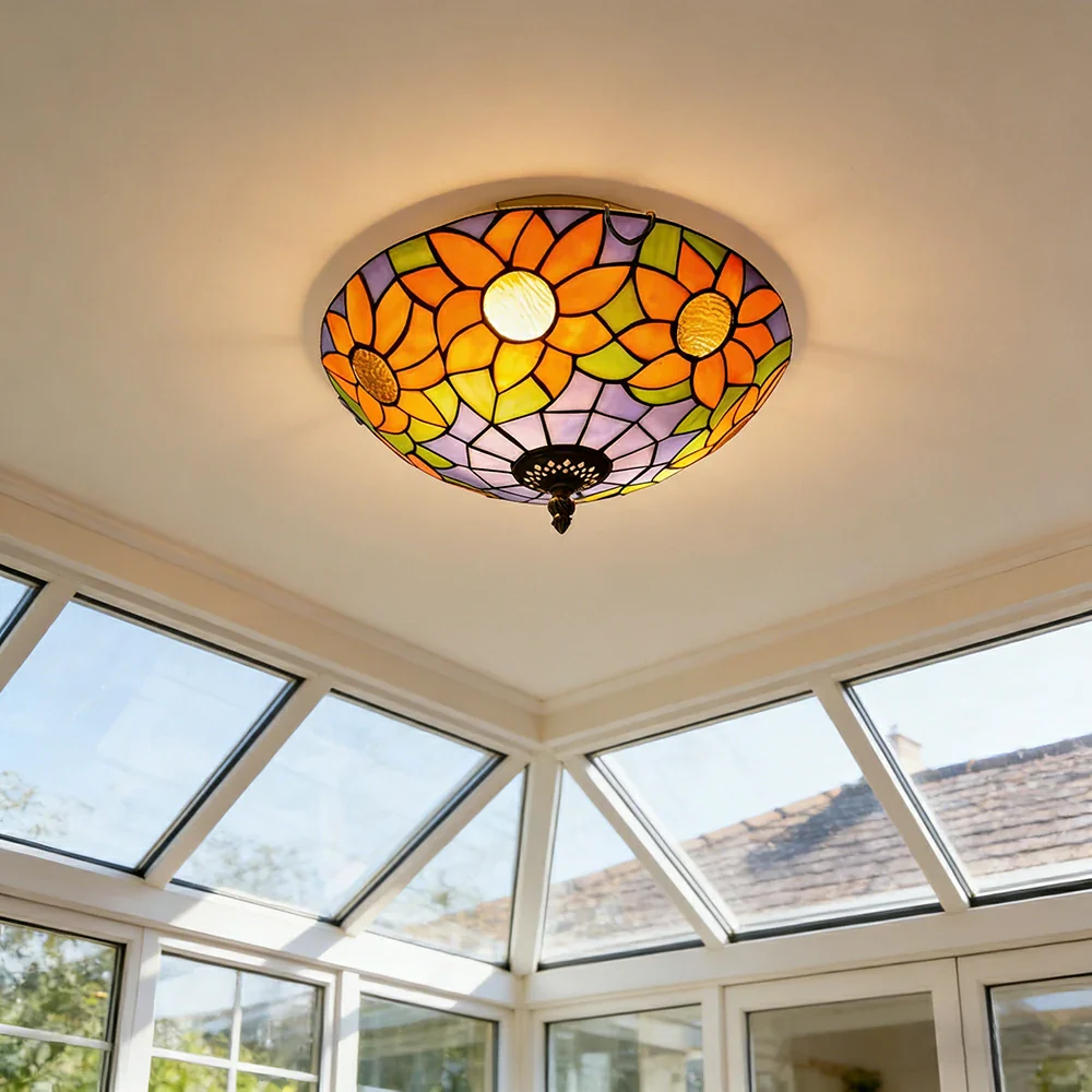 LIVARA Blue Sunflower Stained Glass Ceiling Light Handcrafted Vintage Mediterranean Ambient Lighting 30/40cm Living Bedroom Dining - Image 4