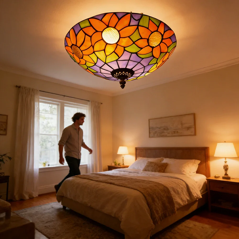 LIVARA Blue Sunflower Stained Glass Ceiling Light Handcrafted Vintage Mediterranean Ambient Lighting 30/40cm Living Bedroom Dining - Image 5