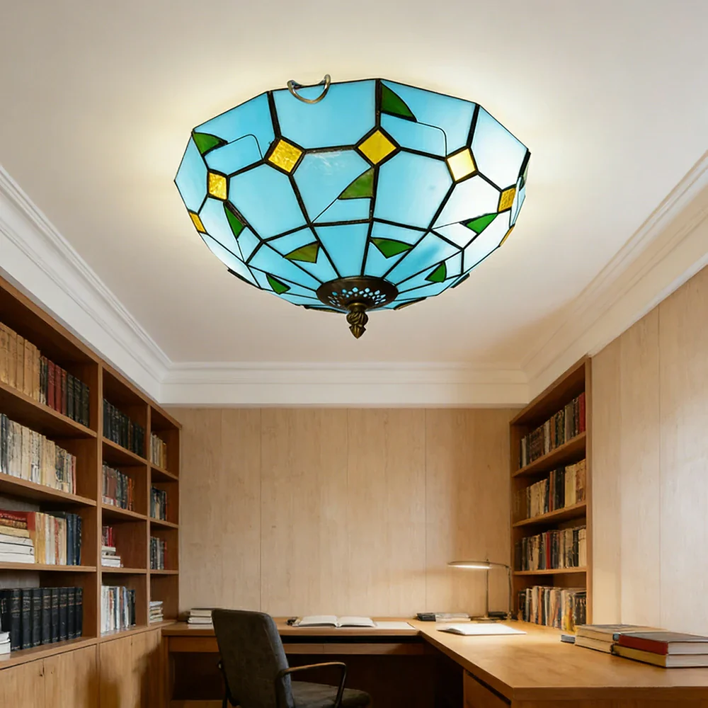 LIVARA Blue Leaf Stained Glass Ceiling Light Handcrafted Vintage Ambient Lighting 30/40cm Living Room Bedroom Dining - Image 4