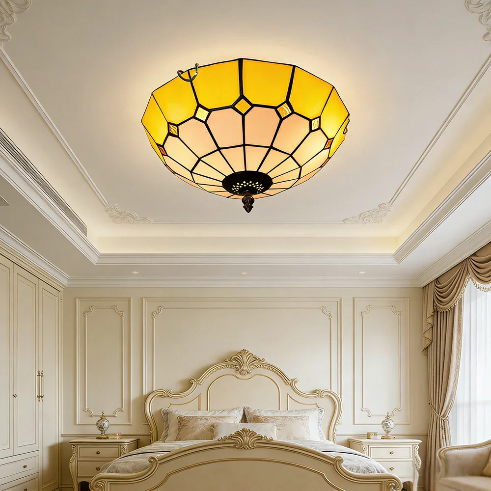 LIVARA Stained Glass Ceiling Light Handcrafted Vintage Ambient Lighting 30/40cm Living Room Bedroom Dining - Yellow - Image 4