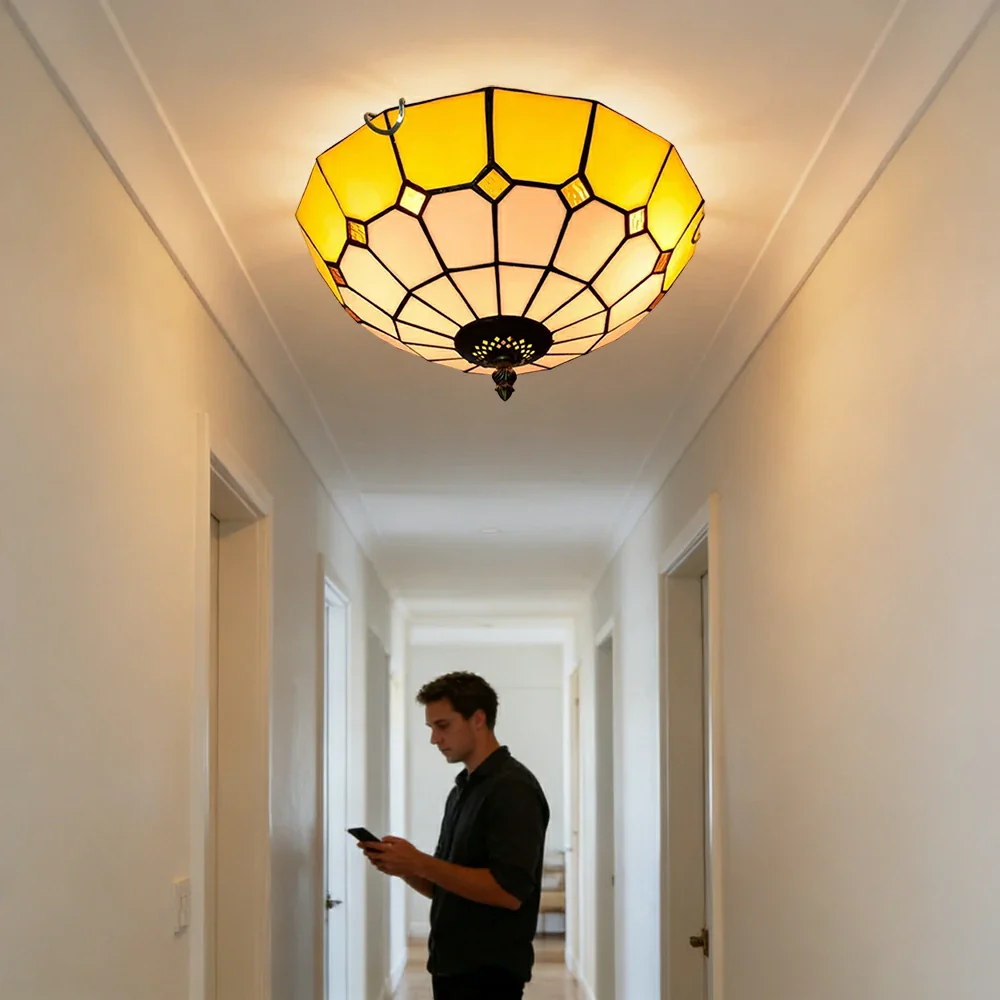 LIVARA Stained Glass Ceiling Light Handcrafted Vintage Ambient Lighting 30/40cm Living Room Bedroom Dining - Yellow - Image 5