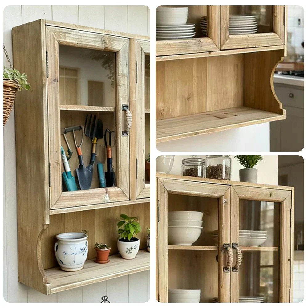 LIVARA Vintage Wall Cabinet - Glass Door Display Storage - Solid Wood Construction - Rustic Distressed Finish for Home or Boutique - Image 3