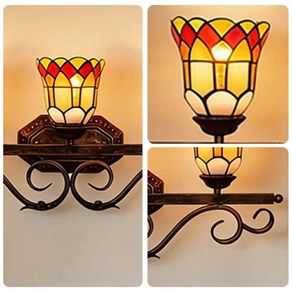 LIVARA European Vintage Red Flower 3-Light Wall Light Stained Glass Handcrafted Iron Frame 63cm Living Room Bedroom Dining - Image 3