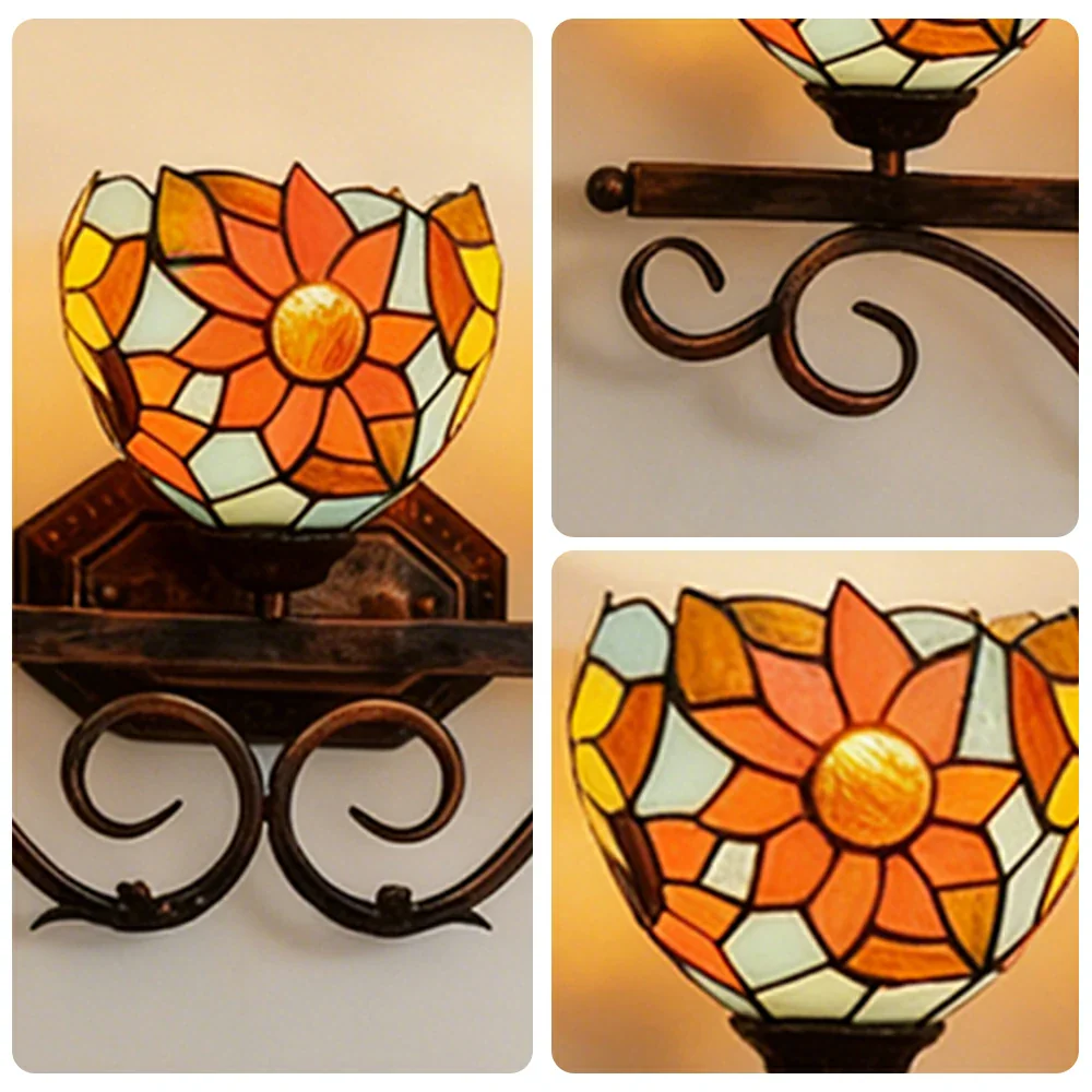 LIVARA European Vintage Blue Sunflower 3-Light Wall Light Stained Glass Handcrafted Iron Frame 63cm Living Room Bedroom Dining - Image 3
