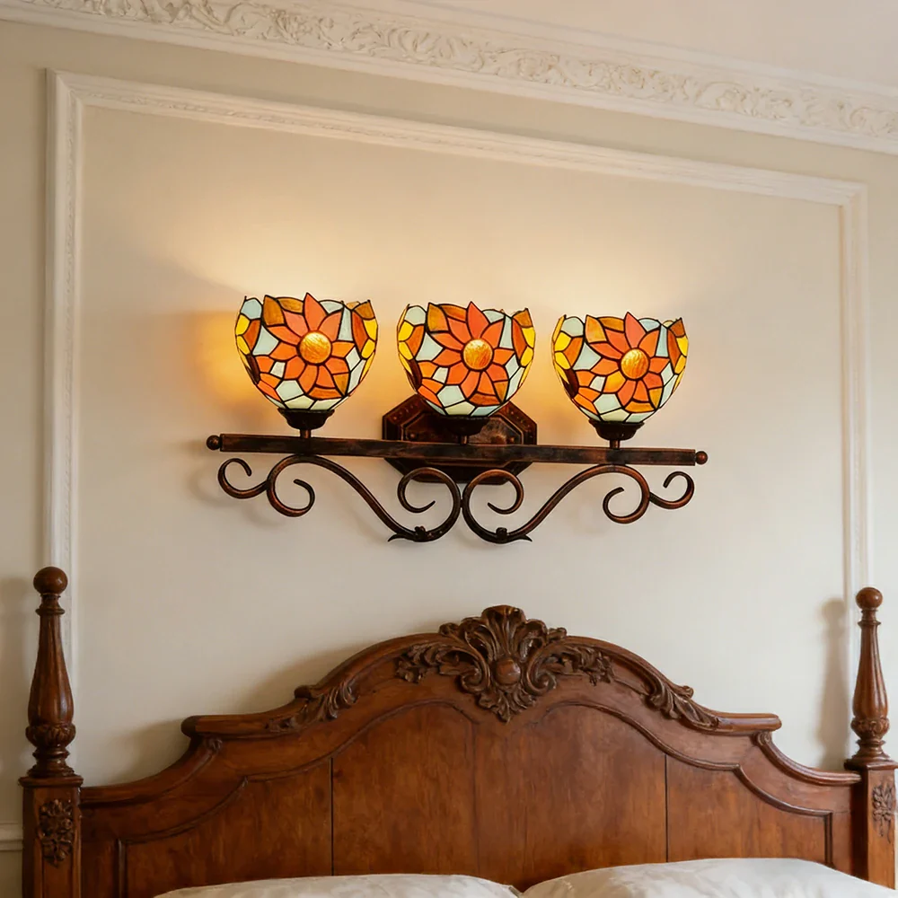 LIVARA European Vintage Blue Sunflower 3-Light Wall Light Stained Glass Handcrafted Iron Frame 63cm Living Room Bedroom Dining - Image 4