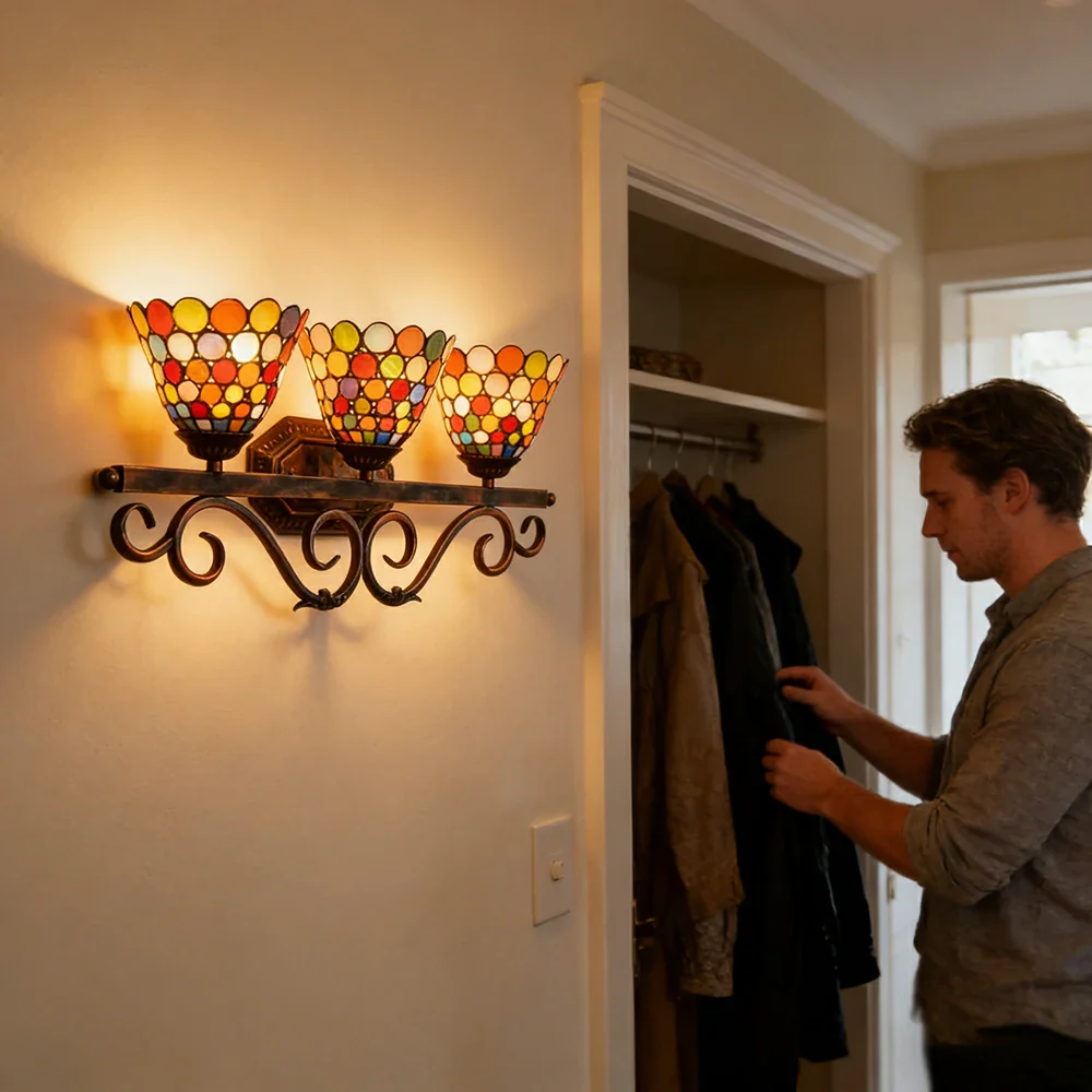 LIVARA 3-Light Stained Glass Wall Light Handcrafted Soft Ambient Vintage Lighting 63cm Bedroom Dining Living - Image 5