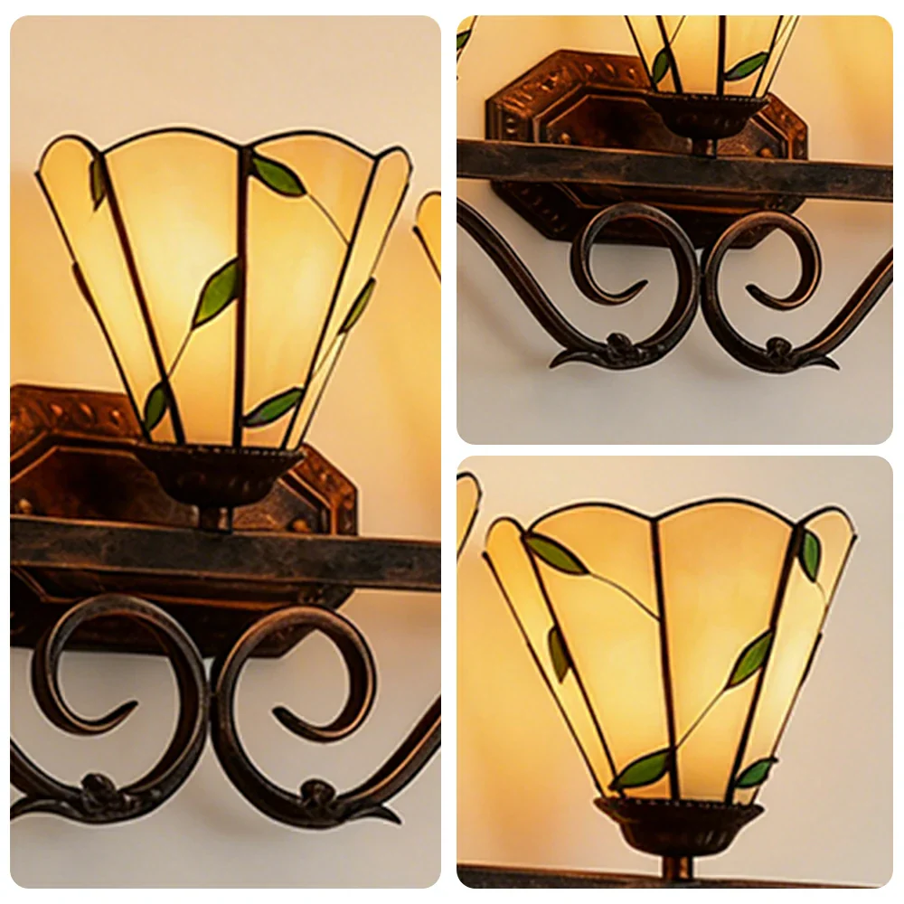 LIVARA European Vintage Warm Leaf 3-Light Wall Light Stained Glass Handcrafted Iron Frame 63cm Living Room Bedroom Dining - Image 3