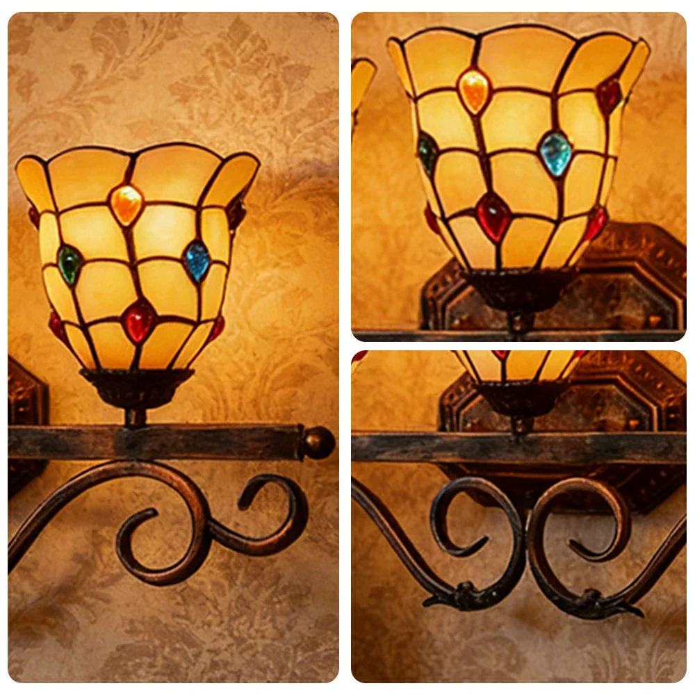 LIVARA European Vintage Colorful Bead 3-Light Wall Light Stained Glass Handcrafted Iron Frame 63cm Living Room Bedroom Dining - Image 3