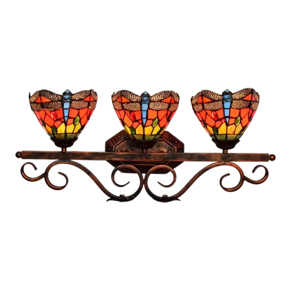 LIVARA European Vintage Red Dragonfly 3-Light Wall Light Stained Glass Handcrafted Iron Frame 63cm Living Room Bedroom Dining