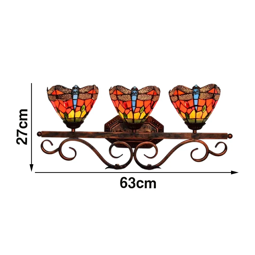 LIVARA European Vintage Red Dragonfly 3-Light Wall Light Stained Glass Handcrafted Iron Frame 63cm Living Room Bedroom Dining - Image 6