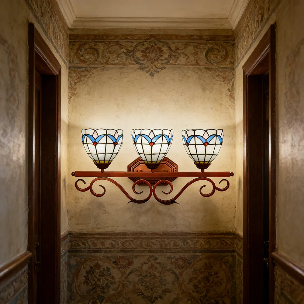 LIVARA European Vintage Magnolia Pattern 3-Light Wall Light Stained Glass Handcrafted Iron Frame 63cm Living Room Bedroom Dining - Image 4
