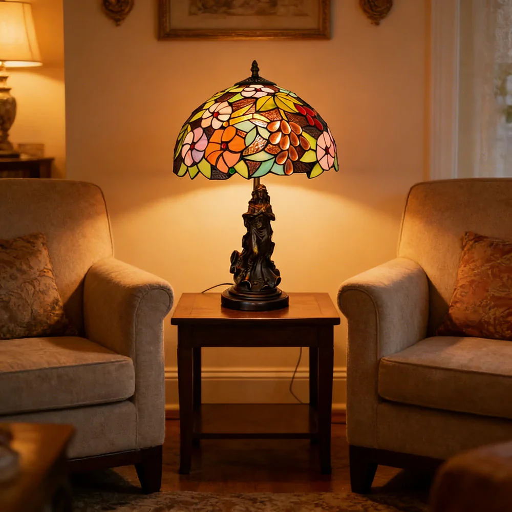 LIVARA European Vintage Grape Floral Stained Glass Table Lamp Sculpture Base Handcrafted Artistic Design Suitable for Bedroom Living Room Bedside - Image 2