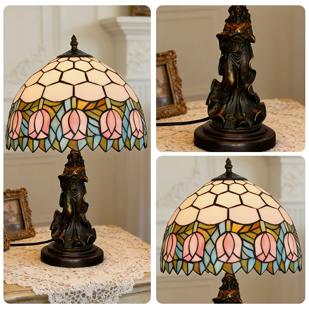 LIVARA European Vintage Pink Tulip Stained Glass Table Lamp Sculpture Base Handcrafted Artistic Design Suitable for Bedroom Living Room Bedside - Image 3