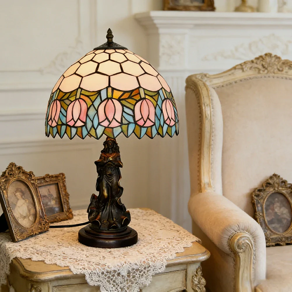 LIVARA European Vintage Pink Tulip Stained Glass Table Lamp Sculpture Base Handcrafted Artistic Design Suitable for Bedroom Living Room Bedside - Image 4