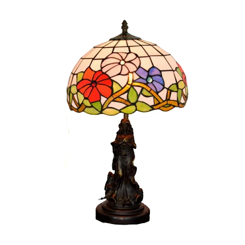 LIVARA European Vintage Morning Glory Style Stained Glass Table Lamp Sculpture Base Handcrafted Artistic Design Suitable for Bedroom Living Room Bedside