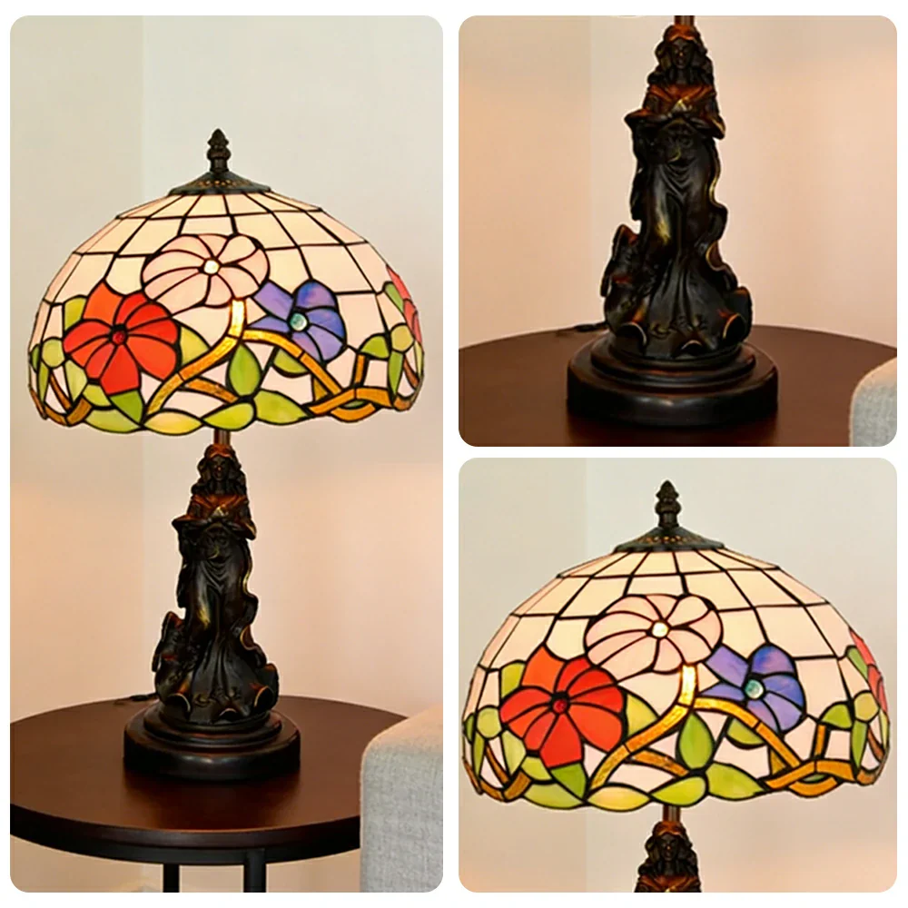 LIVARA European Vintage Morning Glory Style Stained Glass Table Lamp Sculpture Base Handcrafted Artistic Design Suitable for Bedroom Living Room Bedside - Image 3