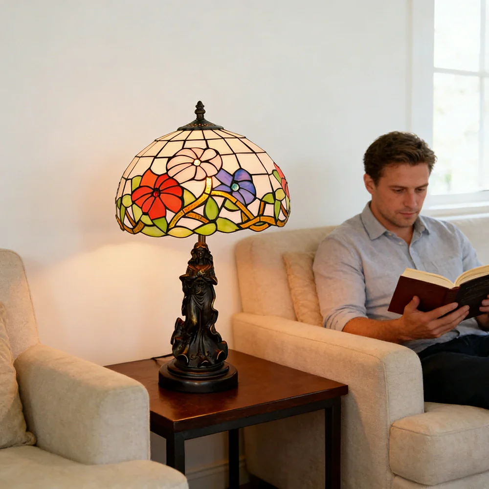 LIVARA European Vintage Morning Glory Style Stained Glass Table Lamp Sculpture Base Handcrafted Artistic Design Suitable for Bedroom Living Room Bedside - Image 5