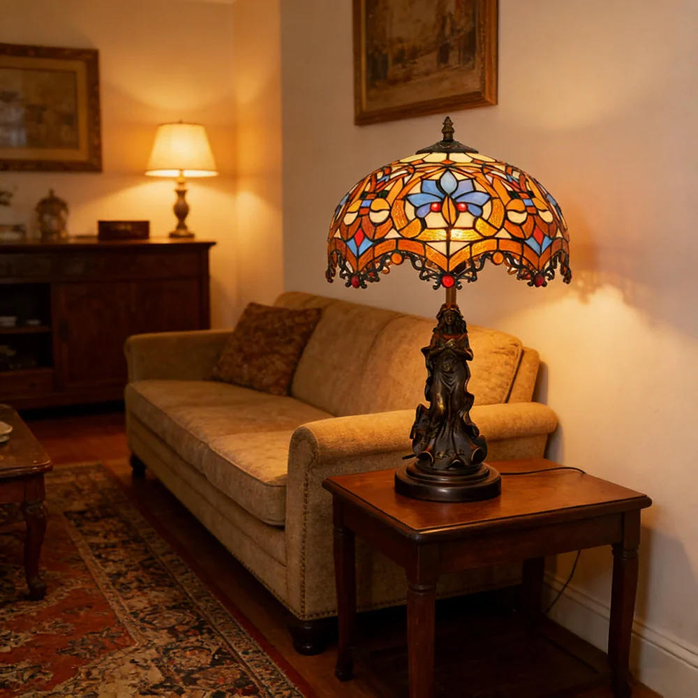 LIVARA European Vintage Heart Bead Style Stained Glass Table Lamp Sculpture Base Handcrafted Artistic Design Suitable for Bedroom Living Room Bedside - Image 2
