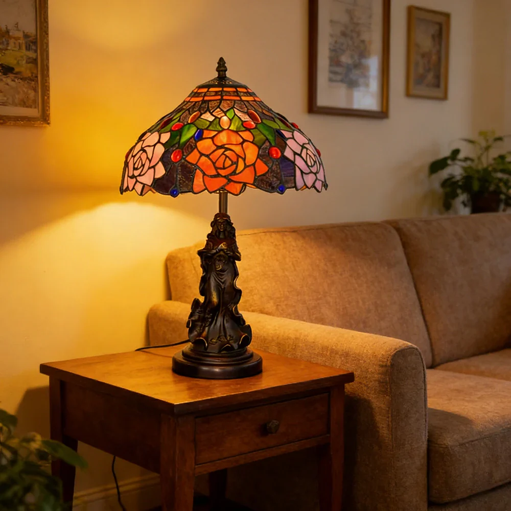 LIVARA European Vintage Black Rose Stained Glass Table Lamp Sculpture Base Handcrafted Artistic Design Suitable for Bedroom Living Room Bedside - Image 4