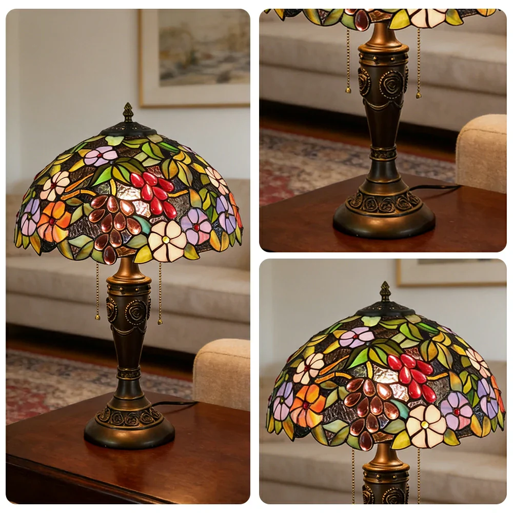 LIVARA Grape Floral Vintage Artistic Stained Glass Table Lamp Soft Ambient Lighting Metal Base Design Suitable for Bedroom Living Room Study Entryway - Image 3