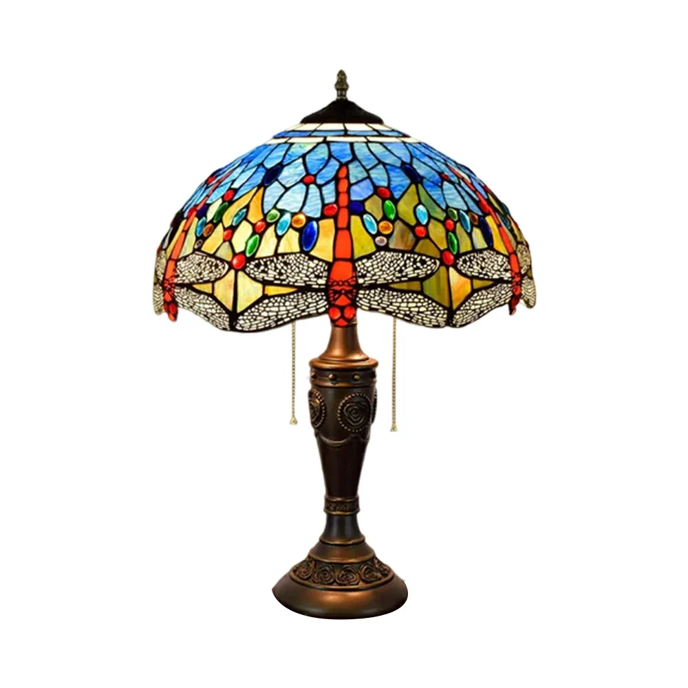 LIVARA Blue Dragonfly Vintage Artistic Stained Glass Table Lamp Soft Ambient Lighting Metal Base Design Suitable for Bedroom Living Room Study Entryway