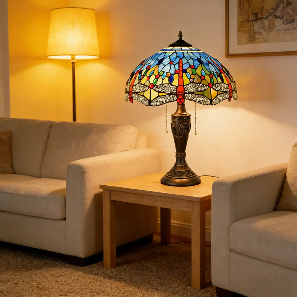 LIVARA Blue Dragonfly Vintage Artistic Stained Glass Table Lamp Soft Ambient Lighting Metal Base Design Suitable for Bedroom Living Room Study Entryway - Image 2