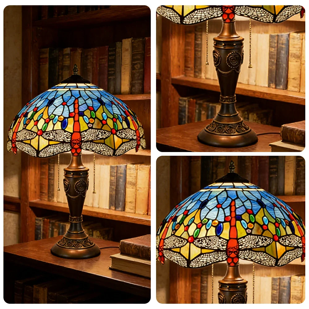 LIVARA Blue Dragonfly Vintage Artistic Stained Glass Table Lamp Soft Ambient Lighting Metal Base Design Suitable for Bedroom Living Room Study Entryway - Image 3