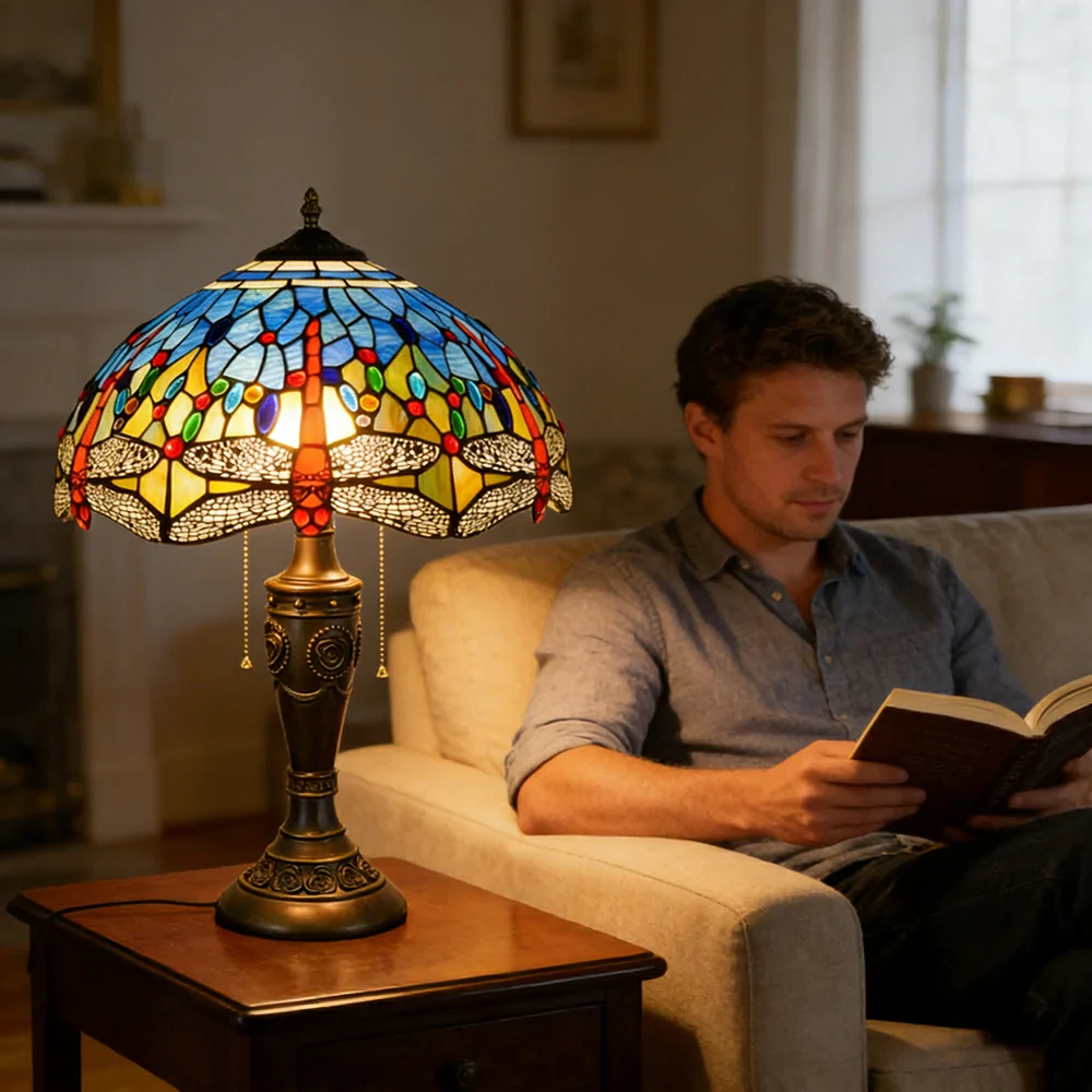 LIVARA Blue Dragonfly Vintage Artistic Stained Glass Table Lamp Soft Ambient Lighting Metal Base Design Suitable for Bedroom Living Room Study Entryway - Image 5