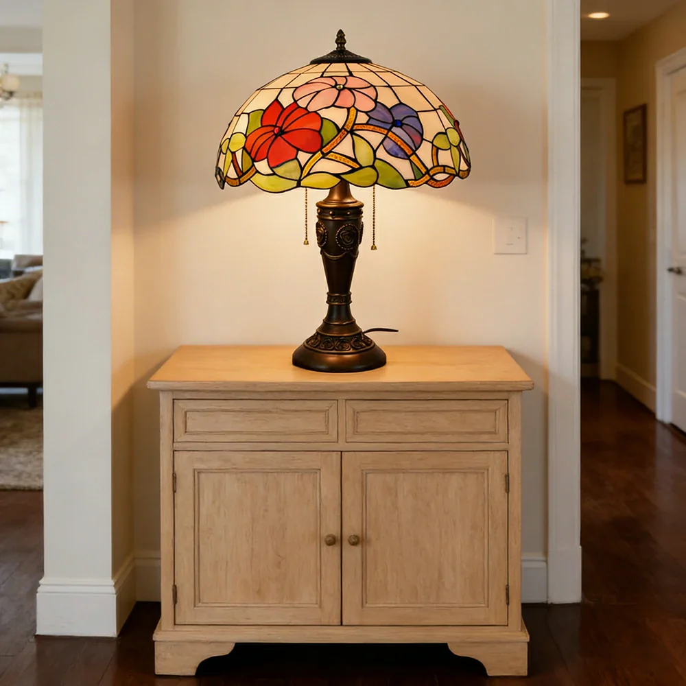 LIVARA Morning Glory Vintage Artistic Stained Glass Table Lamp Soft Ambient Lighting Metal Base Design Suitable for Bedroom Living Room Study Entryway - Image 4