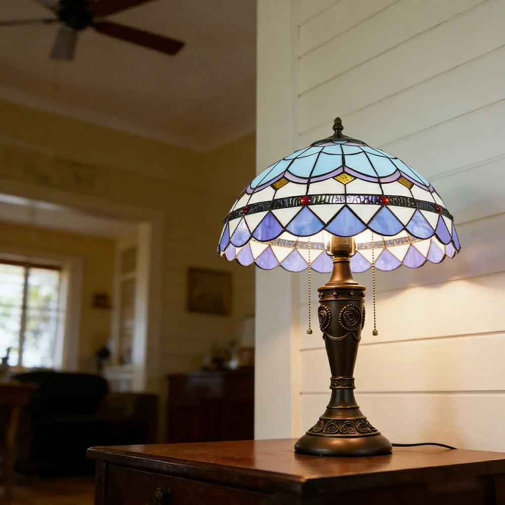 LIVARA Mediterranean Style Vintage Artistic Stained Glass Table Lamp Soft Ambient Lighting Metal Base Design Suitable for Bedroom Living Room Study Entryway - Image 2