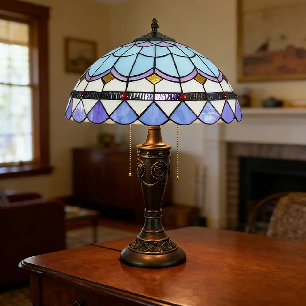 LIVARA Mediterranean Style Vintage Artistic Stained Glass Table Lamp Soft Ambient Lighting Metal Base Design Suitable for Bedroom Living Room Study Entryway - Image 4