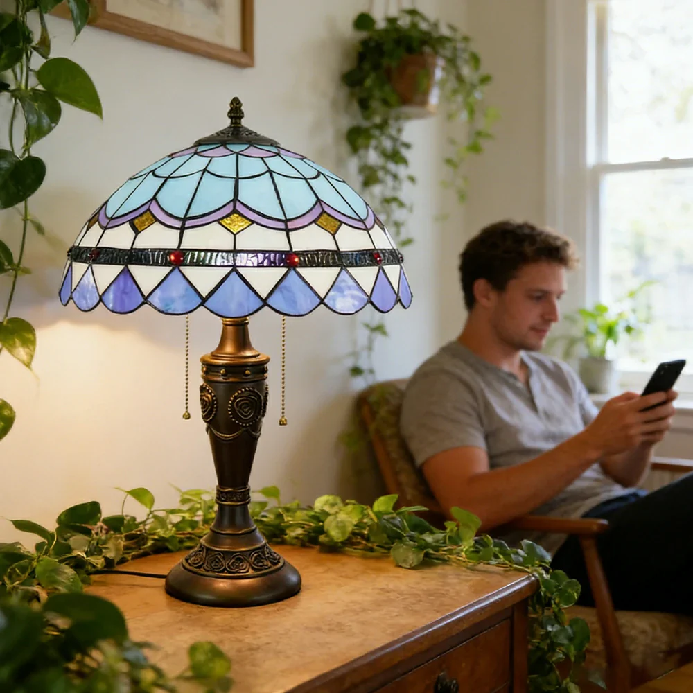 LIVARA Mediterranean Style Vintage Artistic Stained Glass Table Lamp Soft Ambient Lighting Metal Base Design Suitable for Bedroom Living Room Study Entryway - Image 5