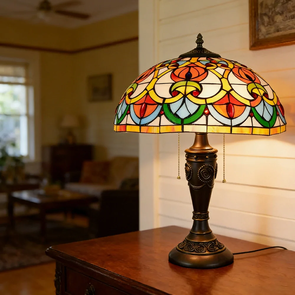 LIVARA Heart Bead Pattern Vintage Artistic Stained Glass Table Lamp Soft Ambient Lighting Metal Base Design Suitable for Bedroom Living Room Study Entryway - Image 2