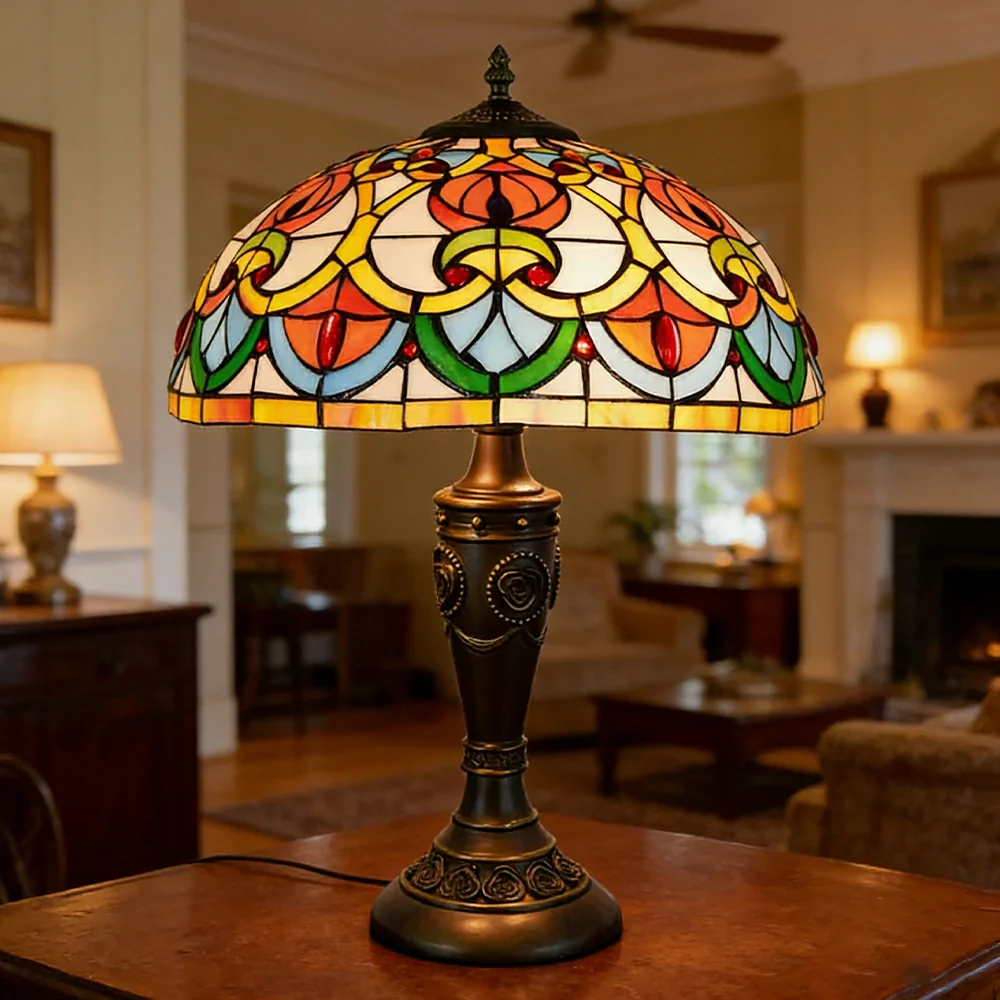 LIVARA Heart Bead Pattern Vintage Artistic Stained Glass Table Lamp Soft Ambient Lighting Metal Base Design Suitable for Bedroom Living Room Study Entryway - Image 4