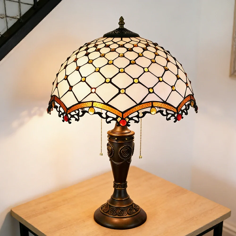 LIVARA Cross Bead Pattern Vintage Artistic Stained Glass Table Lamp Soft Ambient Lighting Metal Base Design Suitable for Bedroom Living Room Study Entryway - Image 2