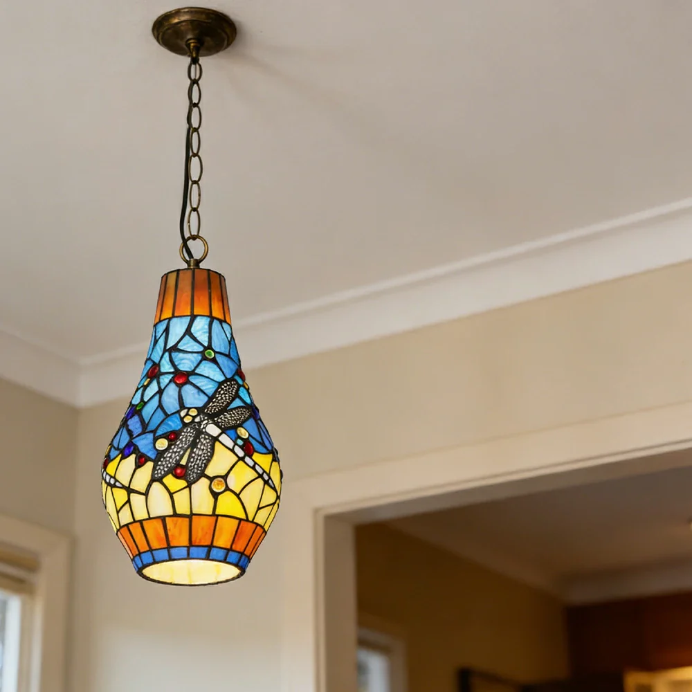 LIVARA Yellow Dragonfly Stained Glass Pendant Light Soft Ambient Lighting Adjustable Chain Design Dining Living Room Bedroom Hallway - Image 2