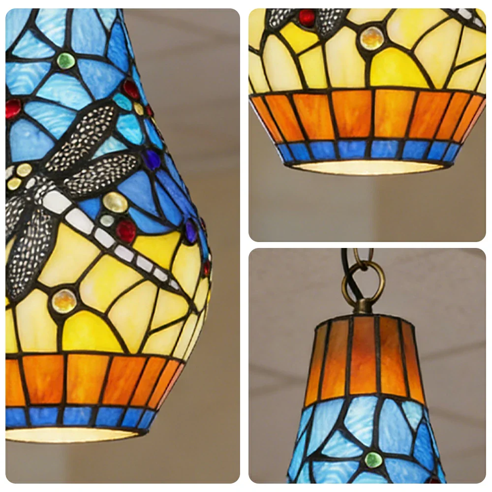 LIVARA Yellow Dragonfly Stained Glass Pendant Light Soft Ambient Lighting Adjustable Chain Design Dining Living Room Bedroom Hallway - Image 3