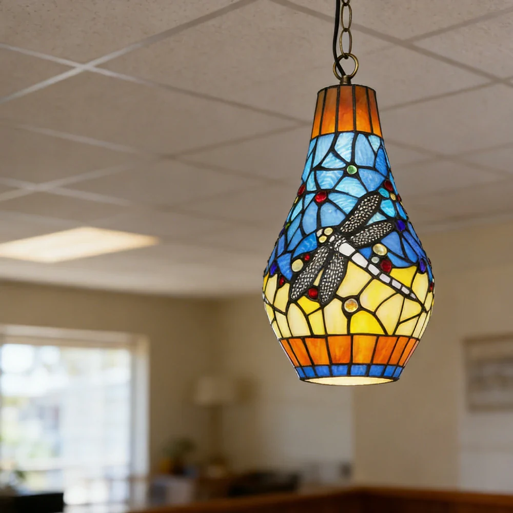 LIVARA Yellow Dragonfly Stained Glass Pendant Light Soft Ambient Lighting Adjustable Chain Design Dining Living Room Bedroom Hallway - Image 4