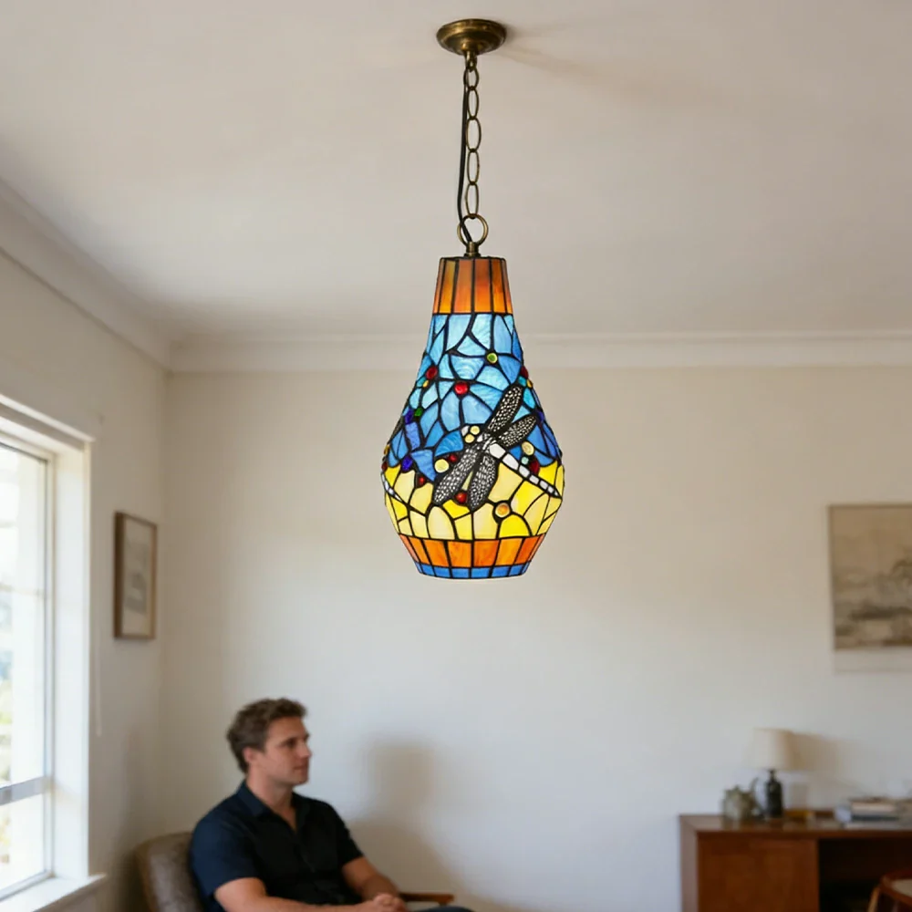 LIVARA Yellow Dragonfly Stained Glass Pendant Light Soft Ambient Lighting Adjustable Chain Design Dining Living Room Bedroom Hallway - Image 5