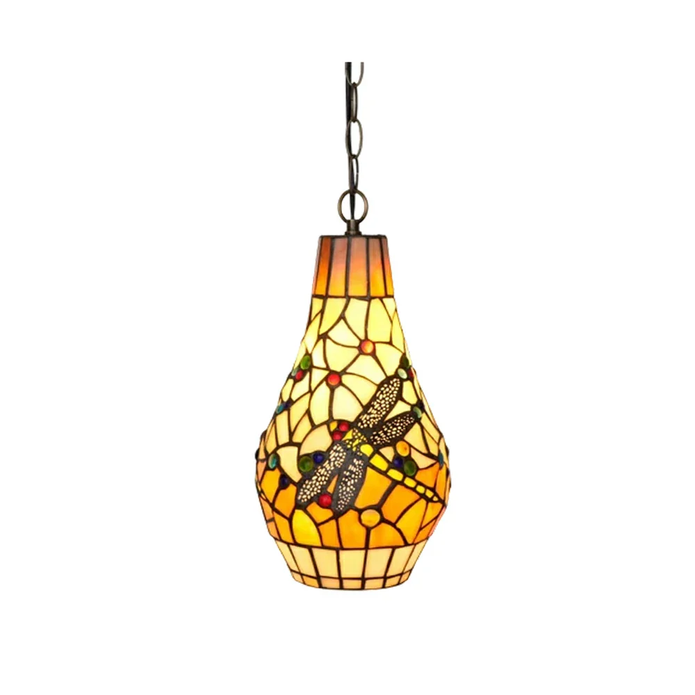 LIVARA Orange Dragonfly Stained Glass Pendant Light Soft Ambient Lighting Adjustable Chain Design Dining Living Room Bedroom Hallway