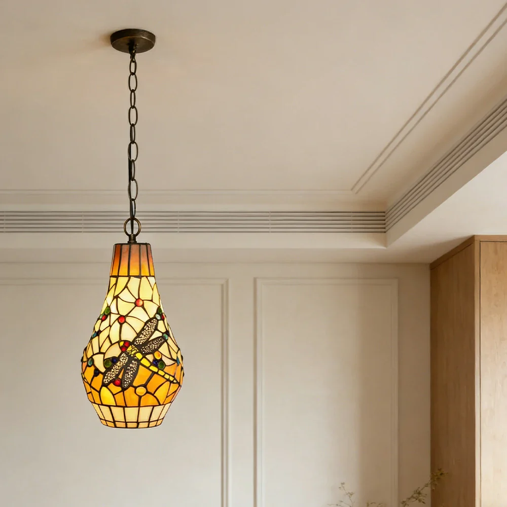LIVARA Orange Dragonfly Stained Glass Pendant Light Soft Ambient Lighting Adjustable Chain Design Dining Living Room Bedroom Hallway - Image 2