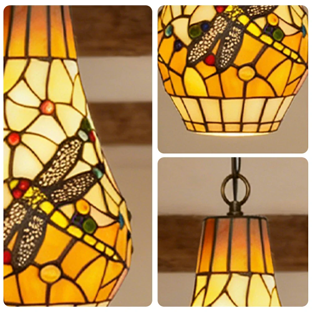 LIVARA Orange Dragonfly Stained Glass Pendant Light Soft Ambient Lighting Adjustable Chain Design Dining Living Room Bedroom Hallway - Image 3