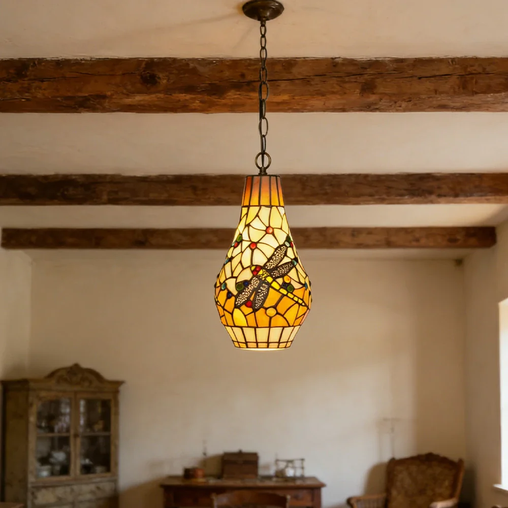LIVARA Orange Dragonfly Stained Glass Pendant Light Soft Ambient Lighting Adjustable Chain Design Dining Living Room Bedroom Hallway - Image 4