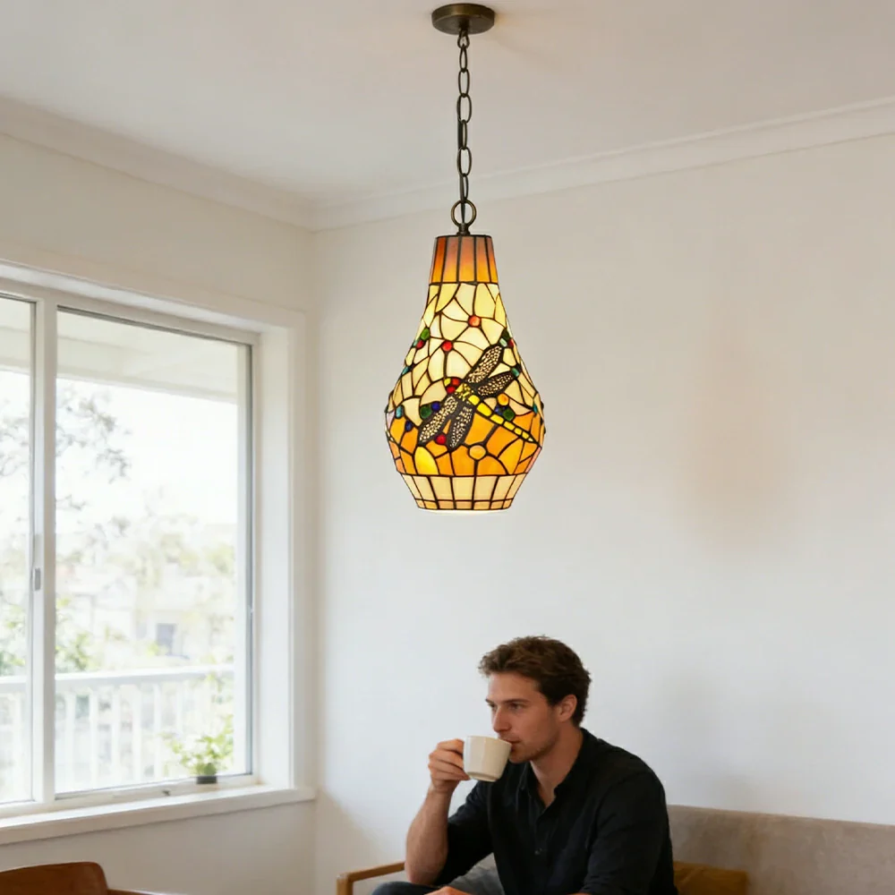 LIVARA Orange Dragonfly Stained Glass Pendant Light Soft Ambient Lighting Adjustable Chain Design Dining Living Room Bedroom Hallway - Image 5