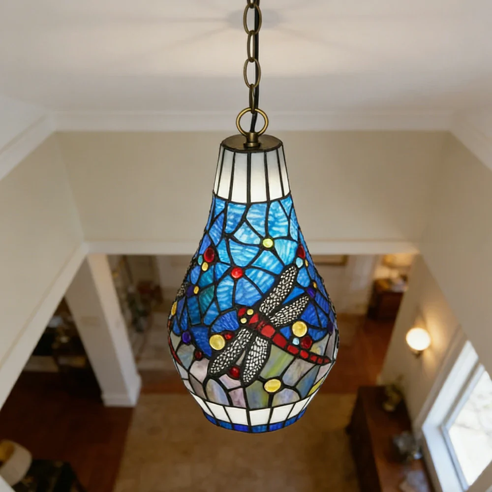 LIVARA Blue Dragonfly Stained Glass Pendant Light Soft Ambient Lighting Adjustable Chain Design Dining Living Room Bedroom Hallway - Image 2