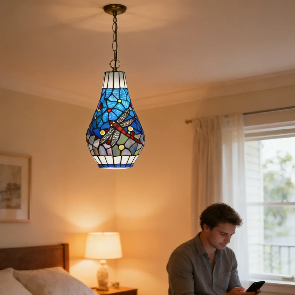 LIVARA Blue Dragonfly Stained Glass Pendant Light Soft Ambient Lighting Adjustable Chain Design Dining Living Room Bedroom Hallway - Image 5