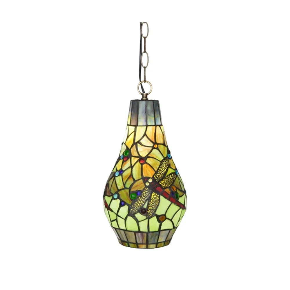 LIVARA Green Dragonfly Stained Glass Pendant Light Soft Ambient Lighting Adjustable Chain Design Dining Living Room Bedroom Hallway