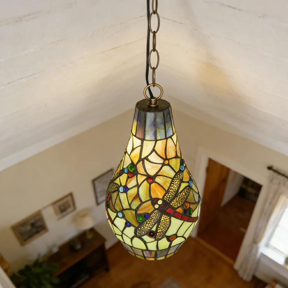 LIVARA Green Dragonfly Stained Glass Pendant Light Soft Ambient Lighting Adjustable Chain Design Dining Living Room Bedroom Hallway - Image 4